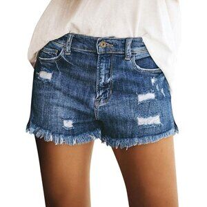 Women's Stretch Ripped Mid Rise Denim Shorts Casual Raw Hem Summer